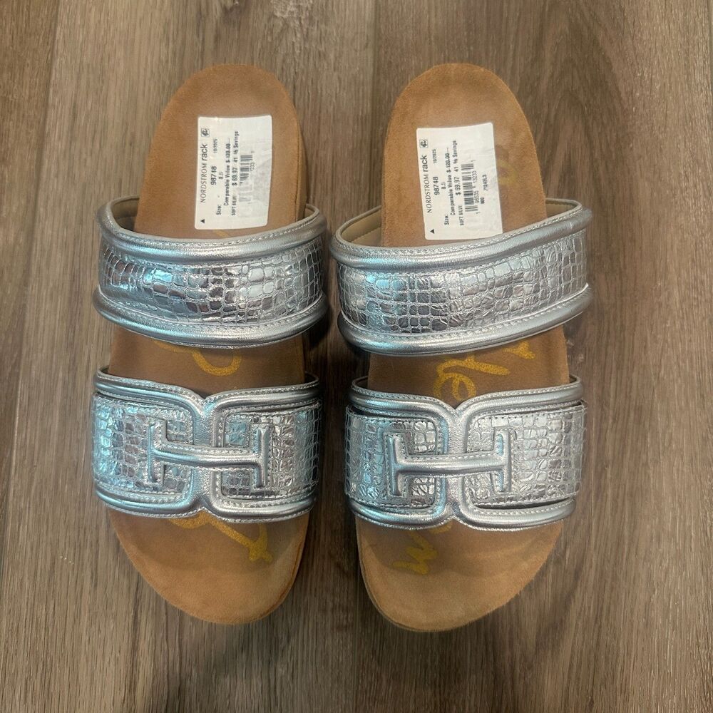 NEW Sam Edelman Silver Rowan Croc Embossed Double Strap Slide Sandals Size 8.5